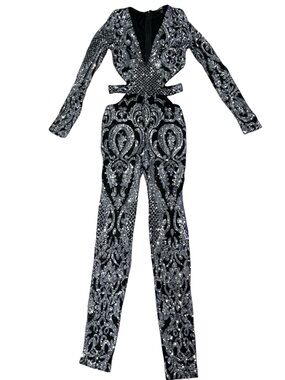 Fashion Nova Black and Silver Sequin Long-Sleeve Jumpsuit